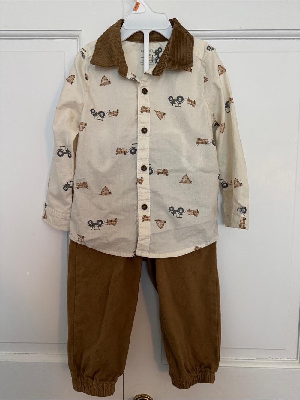 Carter's Tractor Print Set with Brown corduroy Collar